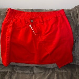 Red asymmetric jean skirt